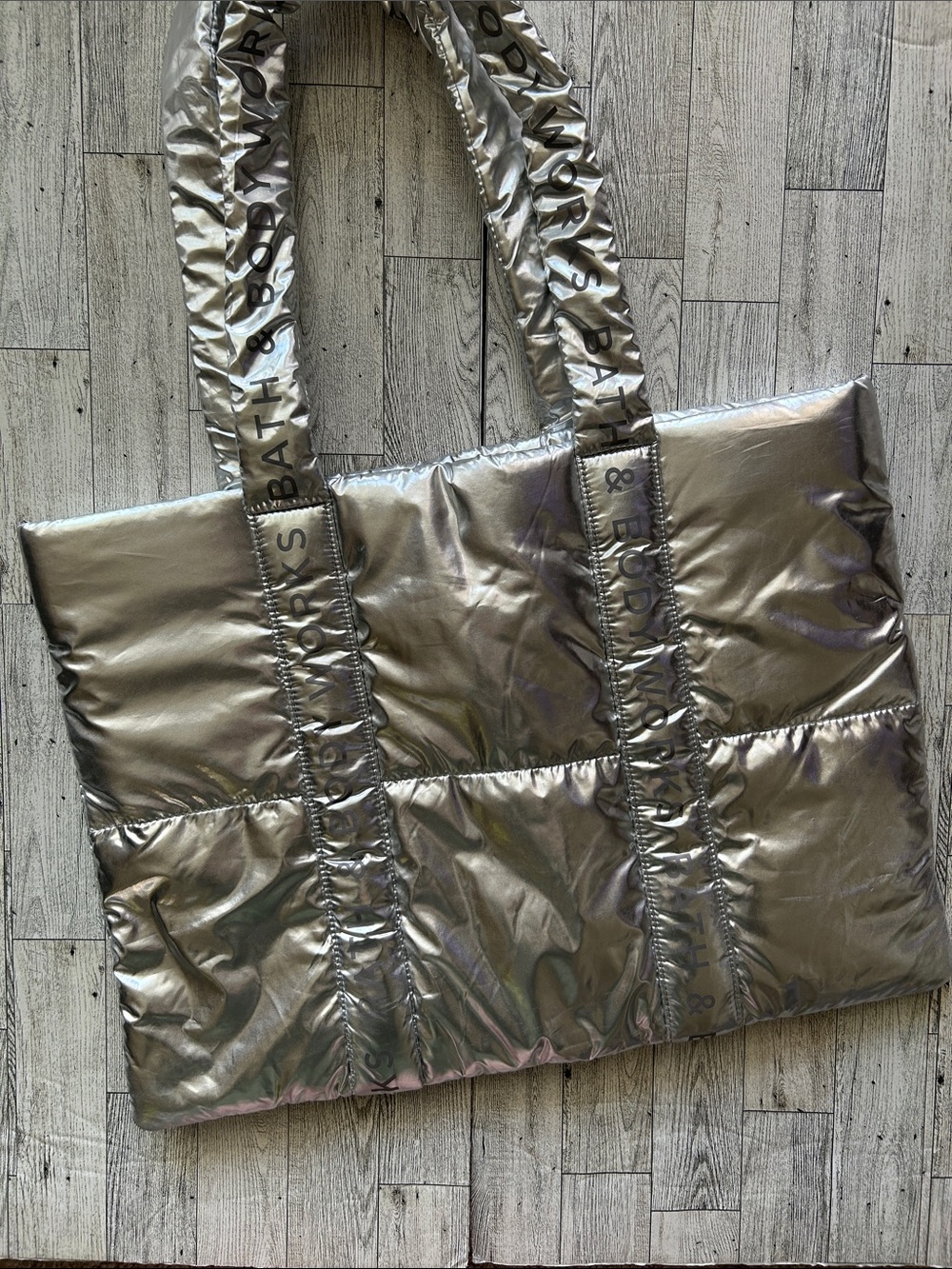 Bath & Body Works Iridescent Metallic Silver Puffer Tote